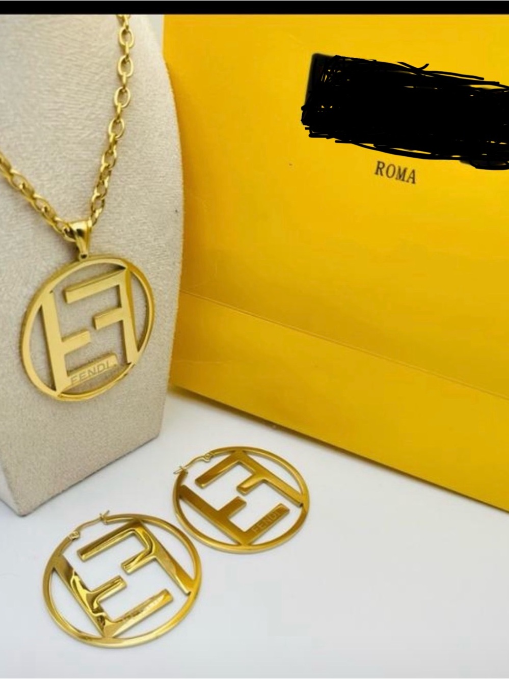 Gold plated Logo Pendant Necklace with Matching Gold Hoop Logo Earrings